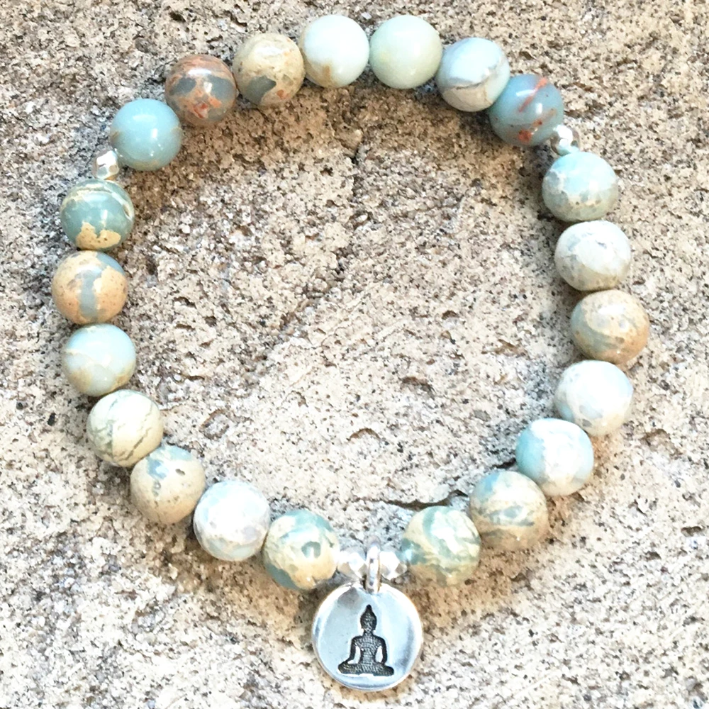 

MG0845 8 MM Aqua Terra Jasper Bracelet Natural Stone Beaded Bracelet Buddha Yoga Bracelet Womens Meditation Mala Bracelet