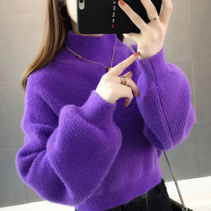 Woman Sweater warm Half high collar Sweater2025Autumn Winter Sweet Fashion Lantern Sleeve Casual Solid Color Pullover pull femme