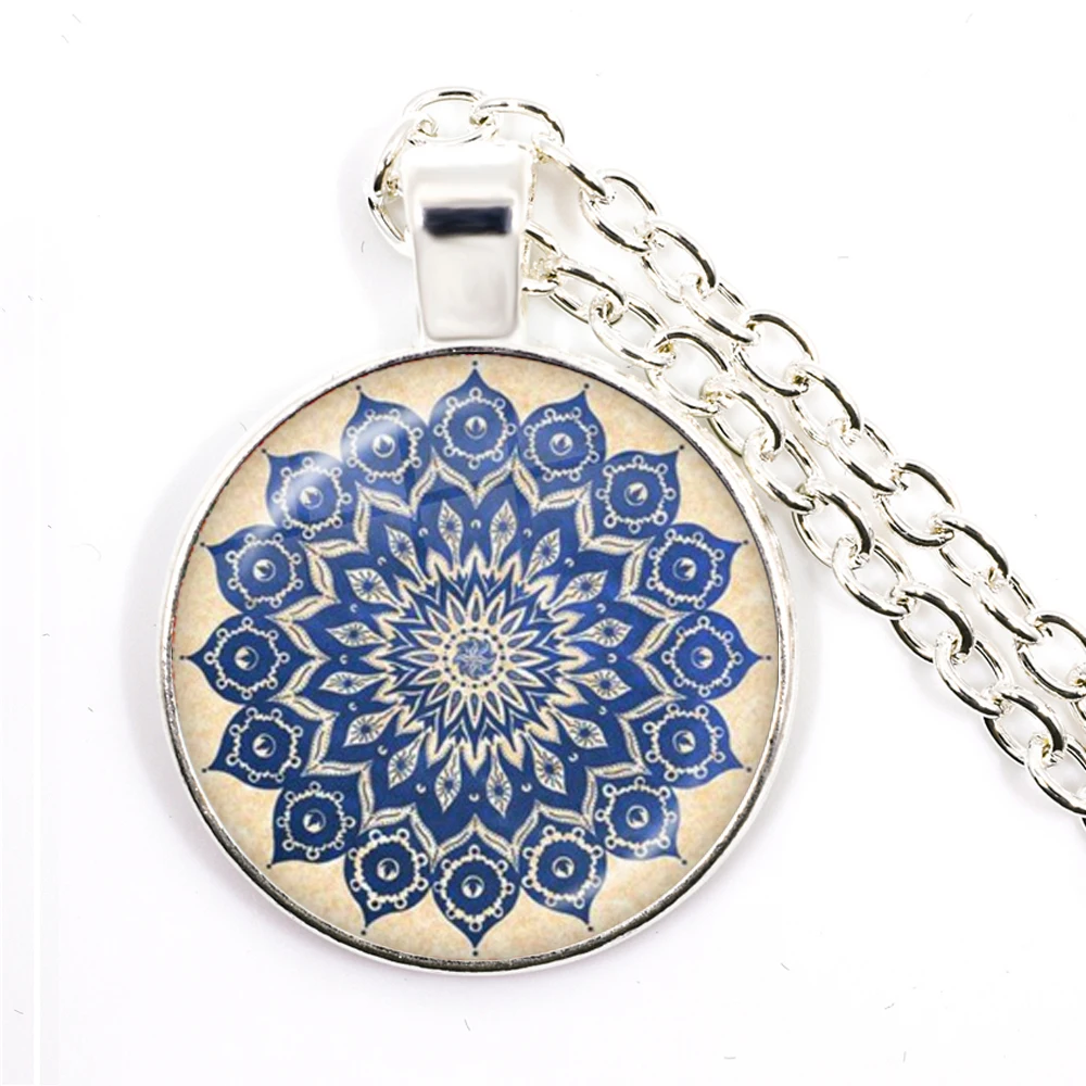 Charm Mandala Art Picture Necklace Henna Yoga Om Symbol Zen Buddhism 25mm Glass Cabochon Pendant Jewellery For Women Girls Gift