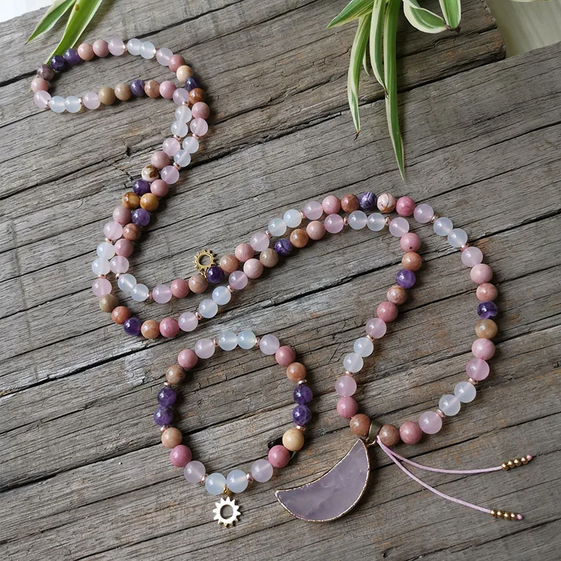 8mm Natural Stone Beads,Rose Quartz Moon Pendant,Sun,Pink,JapaMala Sets,Spiritual Jewelry,Meditation,Inspirational,108 Mala Bead