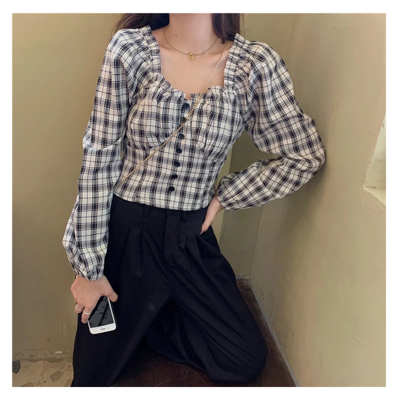 Women Long Sleeve Shirts Crop Tops Plaid Ruffles Square Collar Retro Slim Stylish Pleated Streetwear Casual Female Blouse S-5XL