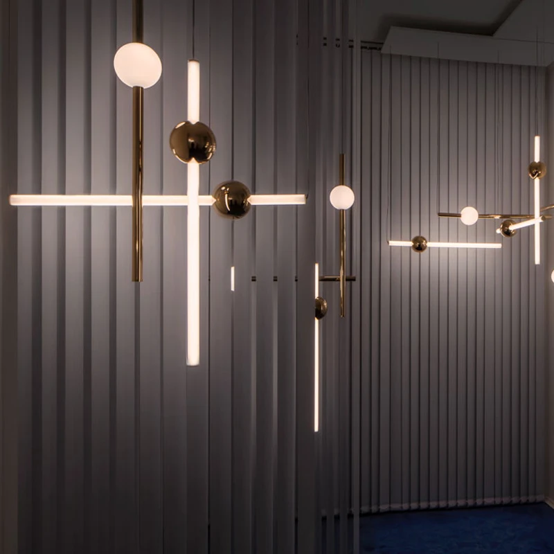 Simple Modern Art Chandelier With Vertical And Horizontal Lines Nordic Metal Luminous Ball Designer Restaurant Cafe Lights