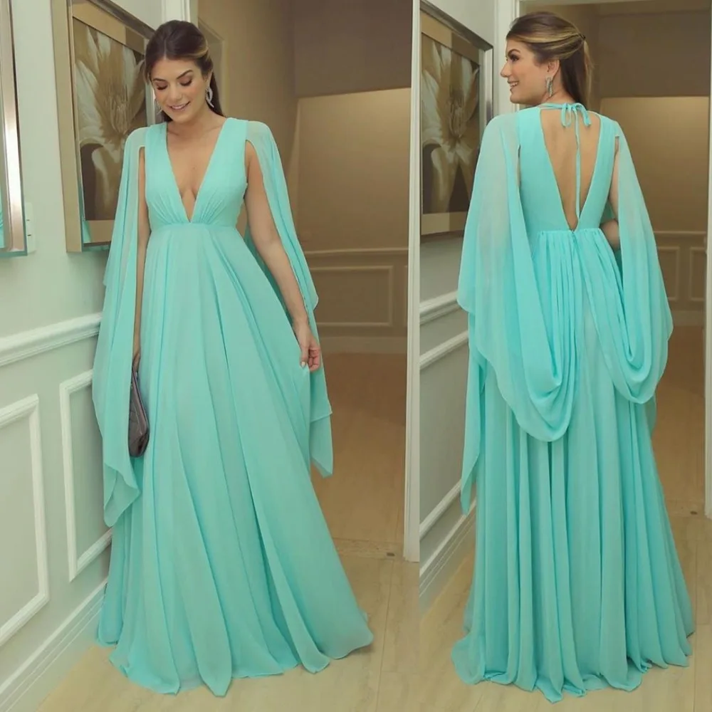 

Vintage Ice Blue V Neck Chiffon Formal Evening Dress A Line Vestidos de Festa Cape Sleeves Arabic Prom Party Gala Gowns