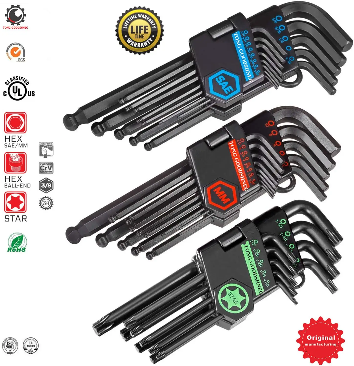 9PC Magnetic Hex Key Wrench Set Long Arm/Short Arm Torx Key Set SAE Metric Star Ball Point Key Set,Industrial Grade Allen Wrench