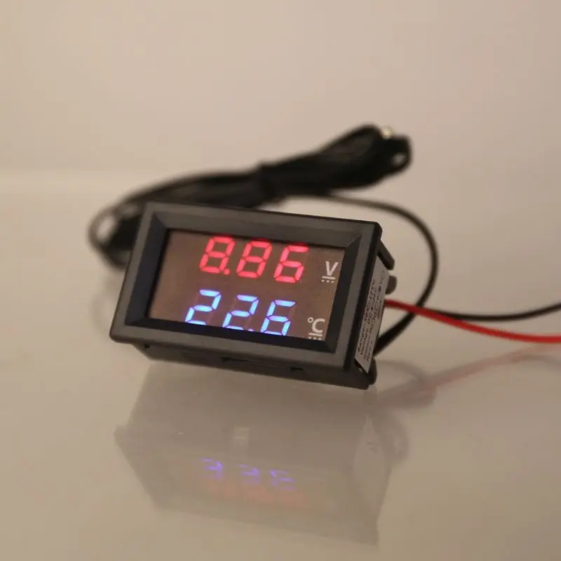 2-in-1 Car Thermometer Voltmeter Square LED Display Digital Voltage Gauge Meter for Most 12-24V Cars SUV Trucks Buses