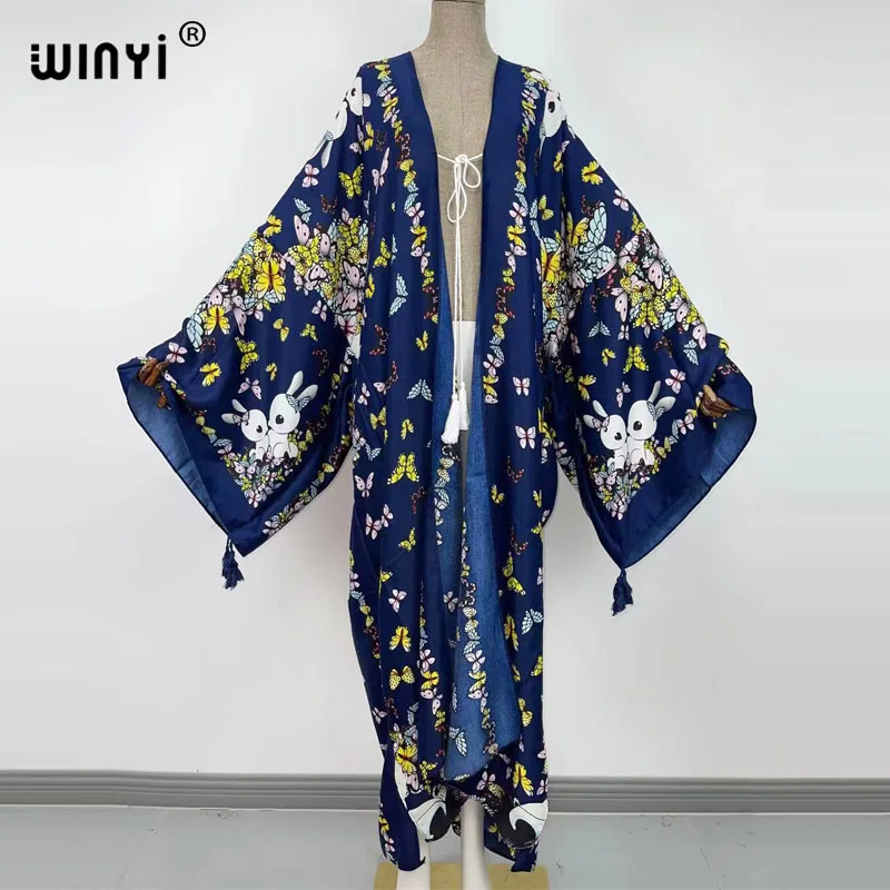 

Africa new Cotton Bikini Sweet Lady Pink Boho Print Self Belted Front Open Long Kimono Dress Beach Tunic Women Wrap Dresses