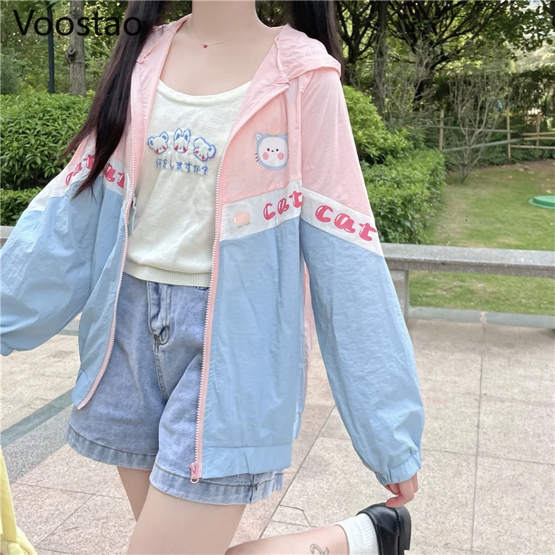 

Autumn Sweet Lolita Style Thin Hoodies Girly Loose Cute Cartoon Cat Print Zipper Hooded Sweatshirt Spring Women Kawaii Outerwear