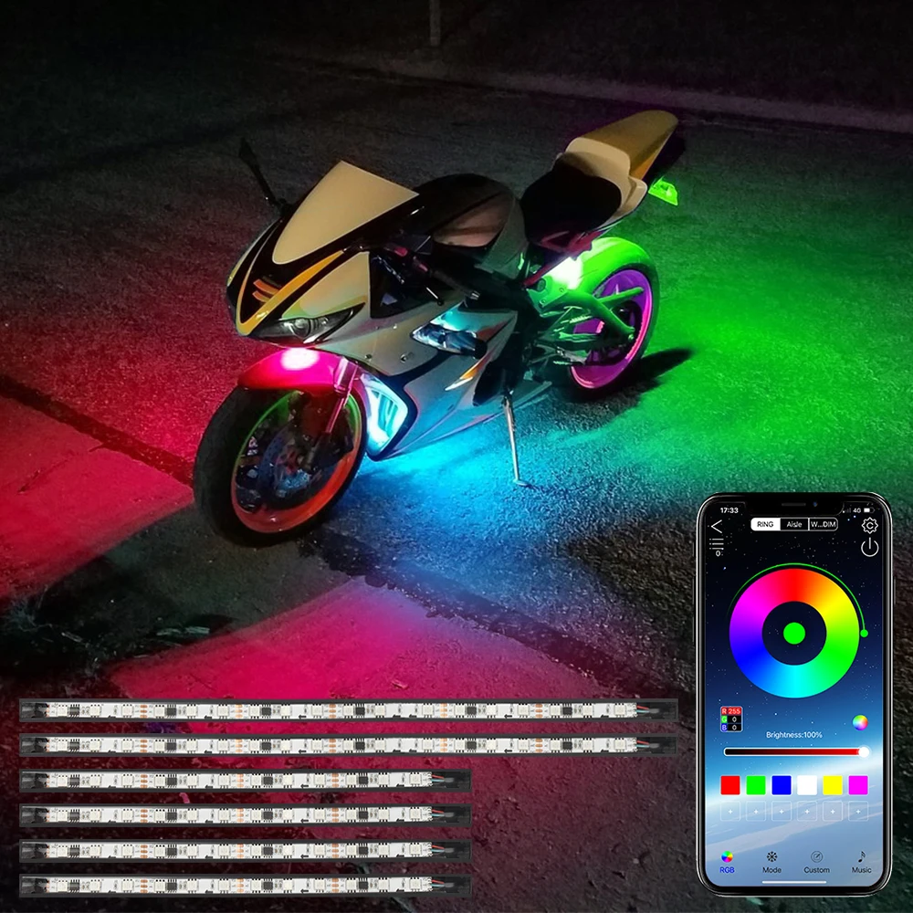 OKEEN 6pcs RGB LED Car Dream Color Underglow Underbody Strip Light For Motorcycle Universal Atmosphere Lamp With APP Control 12V