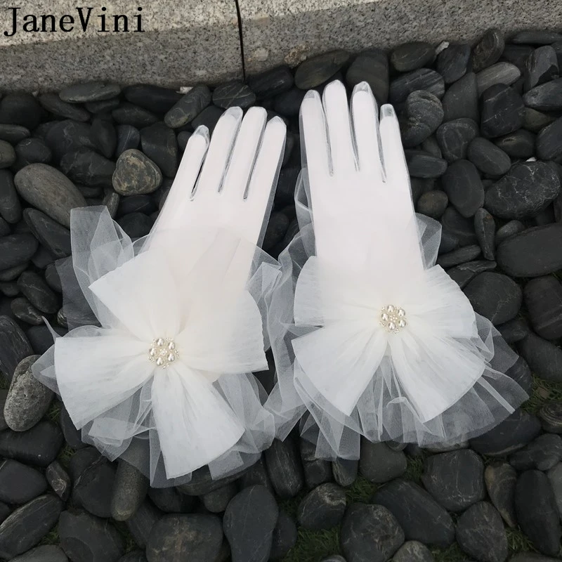 JaneVini Elegant White Short Bridal Gloves Big Bow Full Finger Translucent Tulle Women Gloves Wrist Length Wedding Accessories