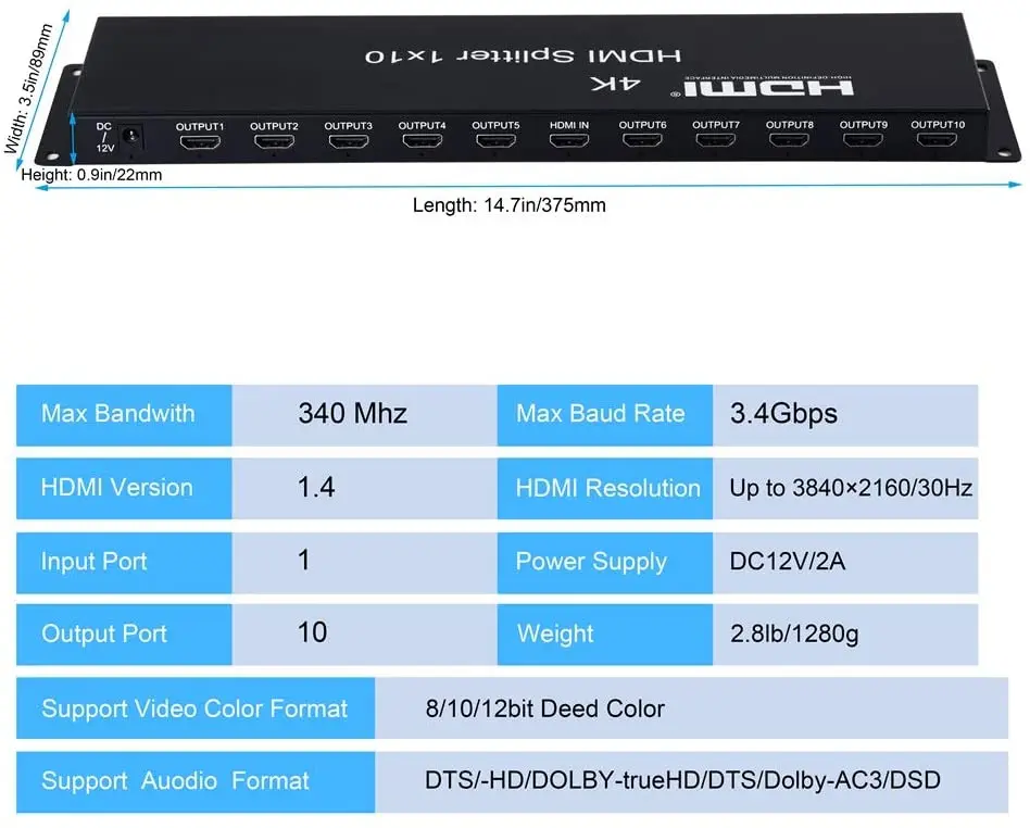 Separador de señal de salida 4K HDMI Splitter1 en 10, compatible con resolución Full HD 4K/2K 3D con extensión IR, gestión EDID RS 232