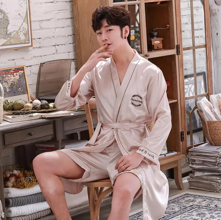 Men Lovers 2pcs Robe Suit Sleepwear Male Silk Couples Dressing Gown Robe Wedding Mens Satin Bathrobe Silk Kimono Home Clothes