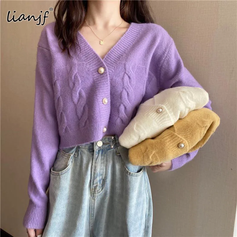 

Sweater Oversize Women Autumn Cropped V-neck Adult Standard Lady Knitwear Popular Solid 2021 Purple Korean Style Lovely Cardigan