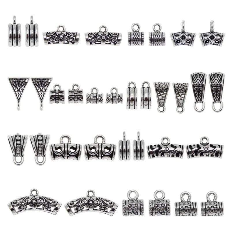 Julie Wang 20/34PCS Bail Beads Charms Antique Silver Color Tube Spacer Bead European Bracelet Pendant Jewelry Making Accessory