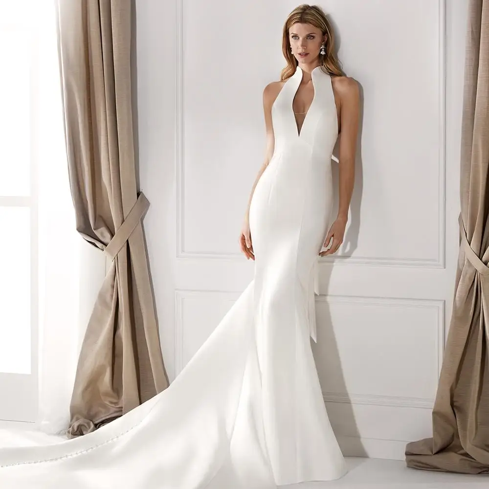 Braut Einfache High Neck Refective Satin Hochzeit Kleid 2019 Sexy Cut-out Backless Bogen Gericht Zug Meerjungfrau Braut Kleid