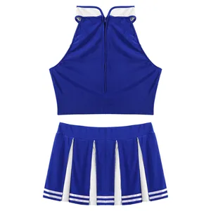 أنثى التشجيع زي المدرسة الزي المدرسي البنات كرنفال تأثيري الزي بلا أكمام طوق المحاصيل الأعلى مع تنورة مصغرة مطوي أفضل 6 ملابس مشجعة مبيعا - رقم 3