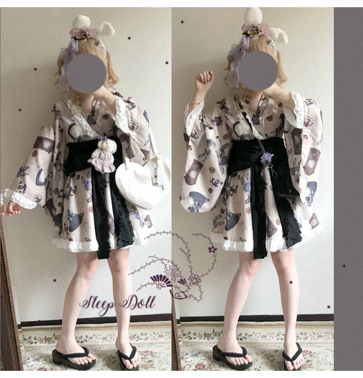 Styl Preppy uczeń Hanfu retro słodki lolita zestaw sukienka + pas wiktoriański druk kawaii dziewczyna loli cos gothic lolita kimono