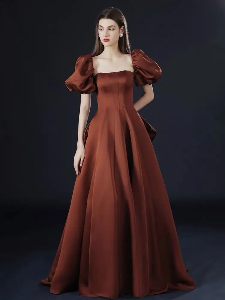 

Vintage Brick Red Evening Dresses Puff Sleeve Square Collar A-Line Satin Bow 2023 New Birthday Ceremony Celebrity Prom Dresses