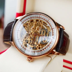 Reef Tiger/RT Skeleton Automatic Watch Rose Gold Brown Leather Strap Wrist Watch Ultra Thin Unique Watch Men RGA1975