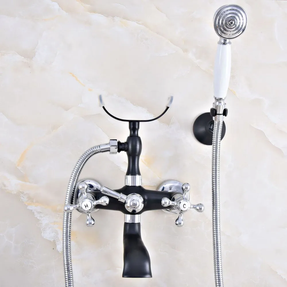 

Wall Mounted Bathtub Faucet Double Handle Black Silver Mixer Tap Bath Shower Faucets With Hand Shower zna626