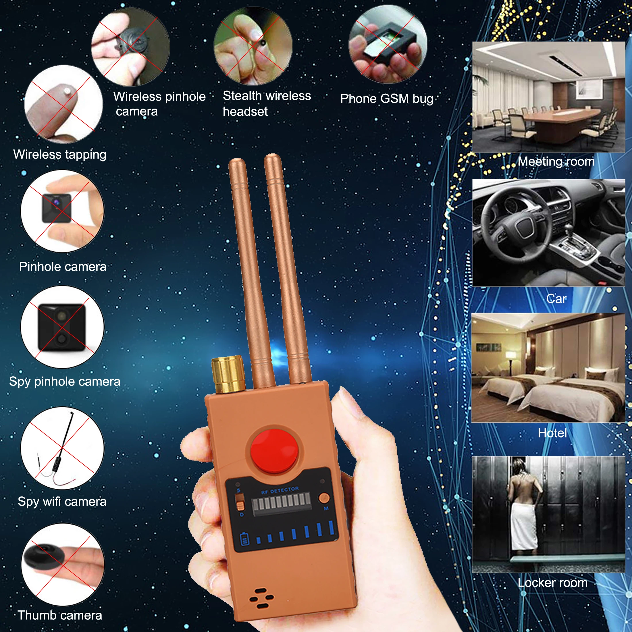 

Wireless RF Signal Hidden Camera Detector Bug Wifi GPS Audio Finder GSM Mobile Spy-Camera Anti Candid Scanner Dual Antenna G529