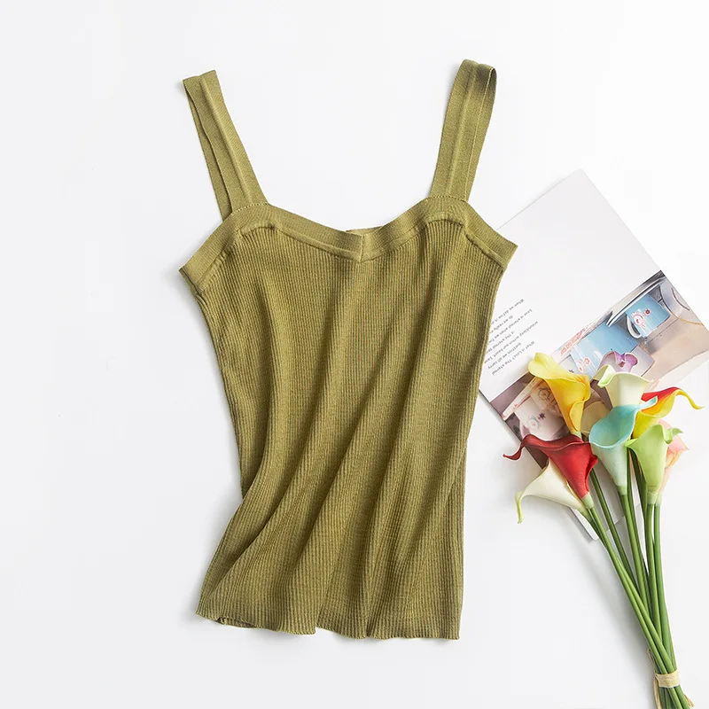 Women 70% Silk 30% Cotton Knit Lace Camisole Top Tanks Slim Fit Warm Vest Sleepwear Spaghetti Strap TU010