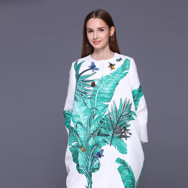 

High Quality Newest Nice Fall Winter Runway Designer Trench Women's Banana Leaves Print Jacquard Crystal Beading Trench Coat