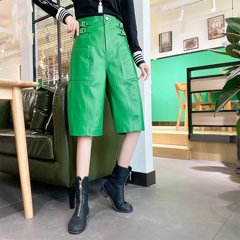 Hip Hop Women Casual High Waist Knee Length Straight Loose Fit Shorts High Quality Sheepskin Genuine Leather Shorts Streetear