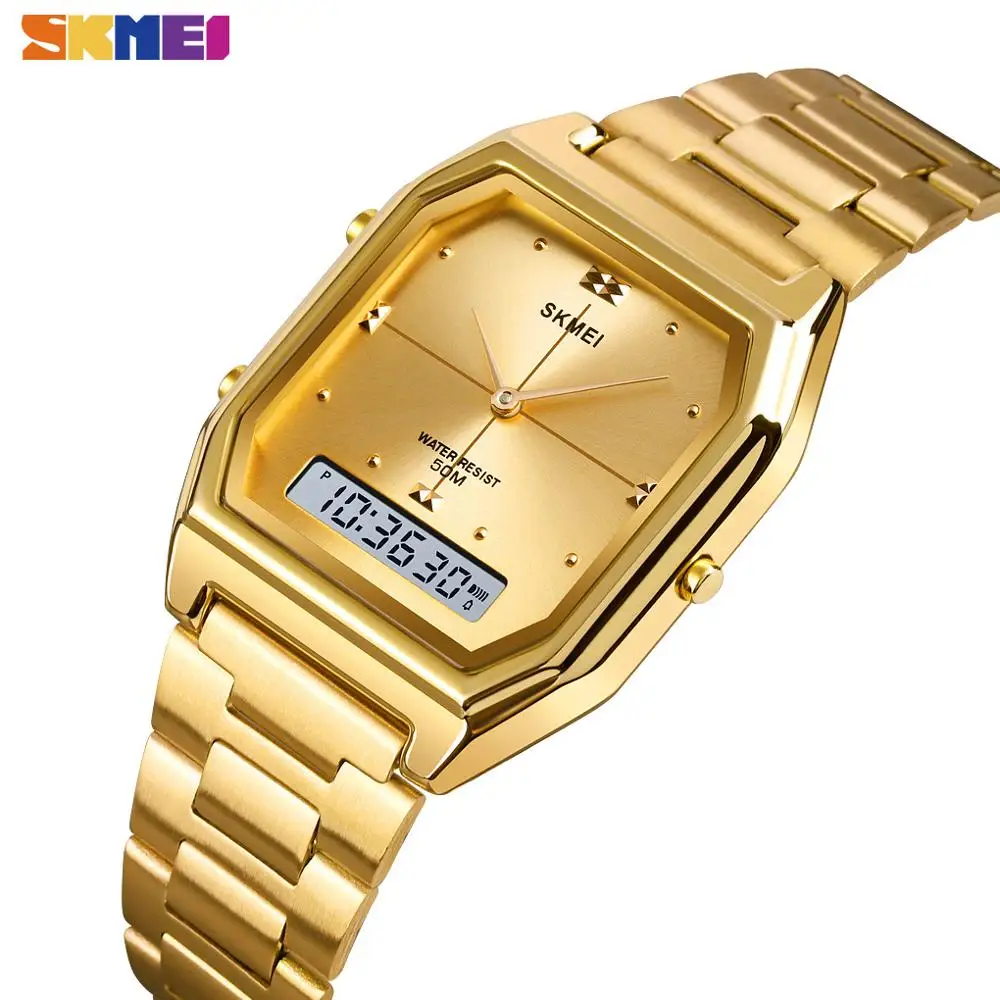 

SKMEI 3 Time Fashion Mens Clock Stainless Steel Chrono Digital Wristwatches Men Women Waterproof Thin Lady Male Alarm Hour 1612