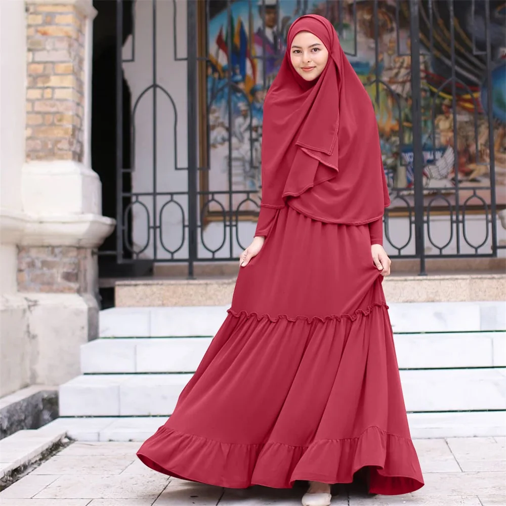 Muslim Long Khimar Abaya Dress Malaysia Turkey Islamic Worship Robe Hijab Headscarf Ethnic Dubai Arabic Clothes New 2 Piece Set