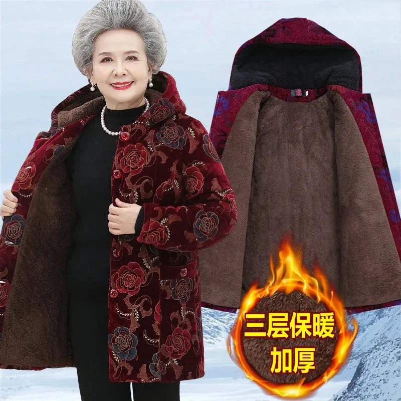 Elderly Women Winter Jacket Coats 5XL Old People Warm Outerwear Thicken Warm Velvet Hooded Parkas Grandmother Parka