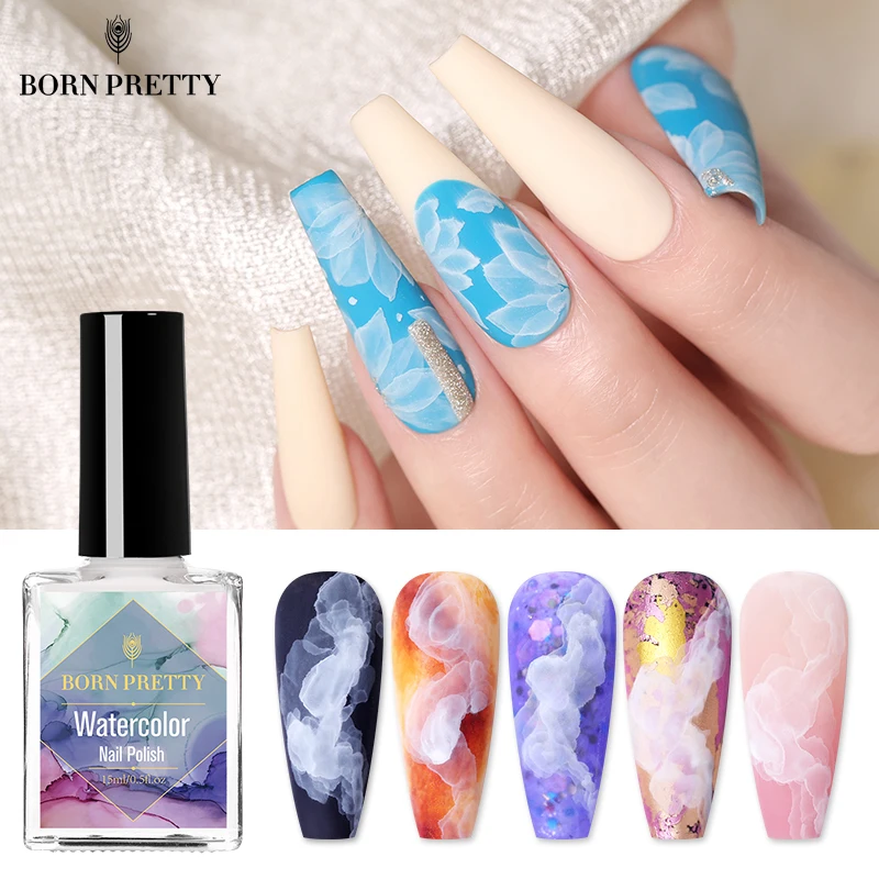 

BORN PRETTY 15ml Nail Polish White Watercolor Nail Ink for Nails Design Natural Air Dry Blooming Nail Art Varnish