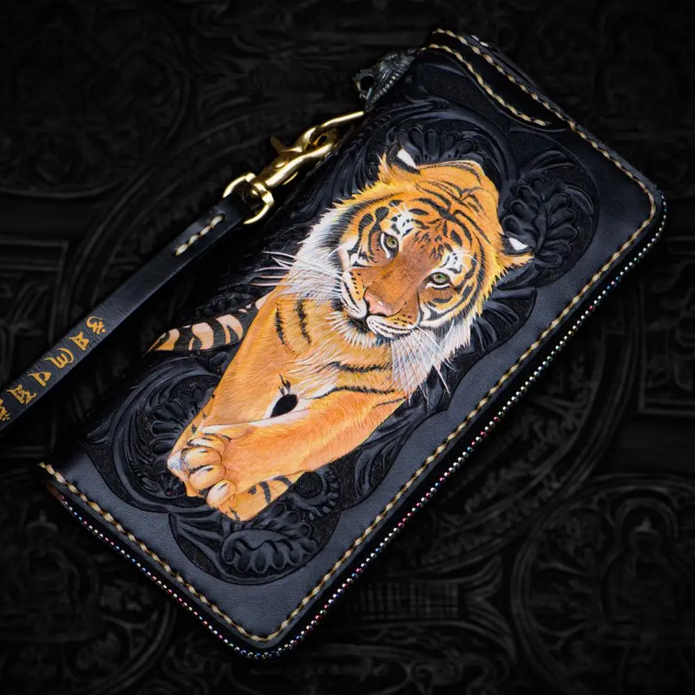 Handmade Genuine Leather Wallets Tiger Bag Purses Women Men Clutch Vegetable Tanned Leather Wallet  Card Holder Carteras Mujer