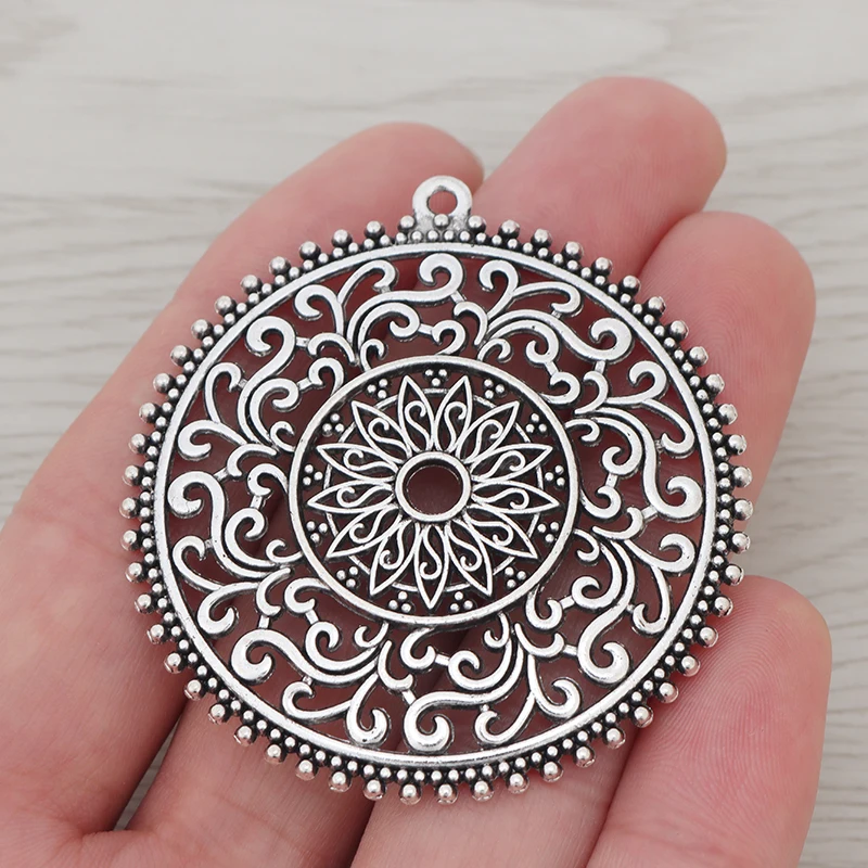 3 x Tibetan Silver Large Open Filigree Flower Round Charms Pendants for DIY Necklace Jewelry Making Findings Accessories 50x50mm