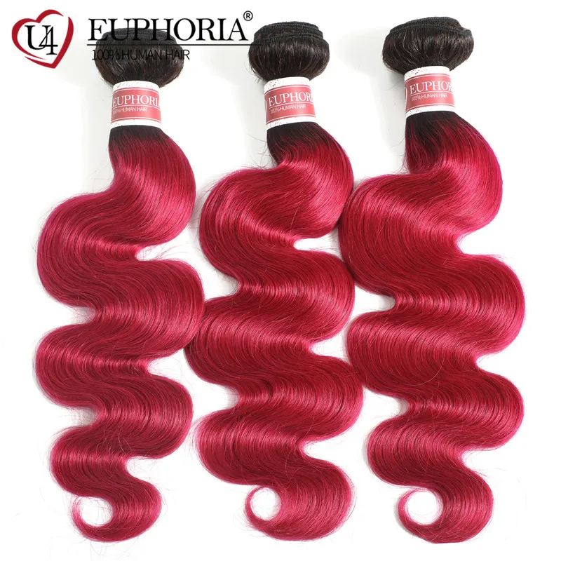 EUPHORIA-mechones de cabello humano ondulado, extensiones de tejido de 8-26 pulgadas, ombré, rojo, BURG, brasileño, 9A, Remy, 100%, 1/3/4 Uds.