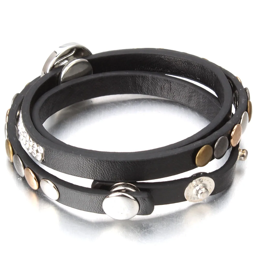 Leather Snap Button Bracelet For Women DIY Charm 18MM 12MM Snaps Crystal Boho Multi Layer Wrap Bracelet Femme Jewelry ZE484