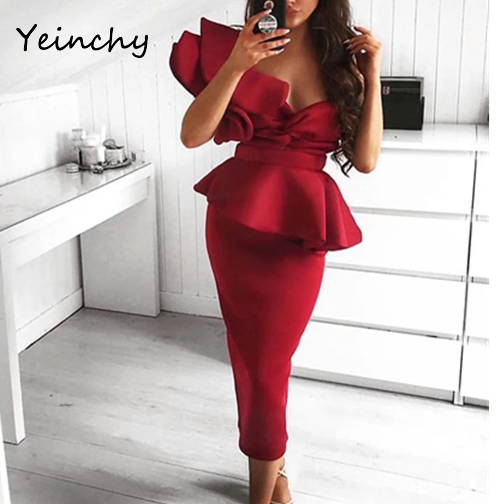 

Yeinchy Women Sexy bra Bodycon one Shoulder Bandage Dresses Female Ruffles Backless Elegant Club Summer stretchy Dress Vestido