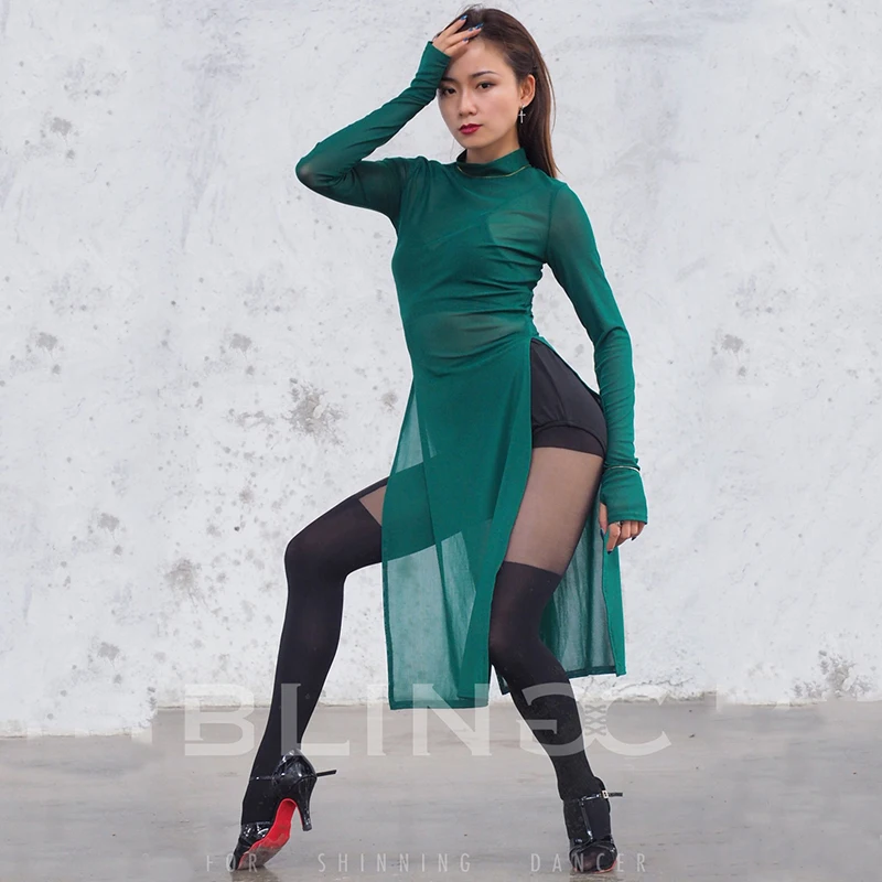 

New Latin Dance Costume Women Dress Long Sleeves Sexy Split Skirts Tango/Ballroom Dancewear Ladies Party Show Green Dress BI881