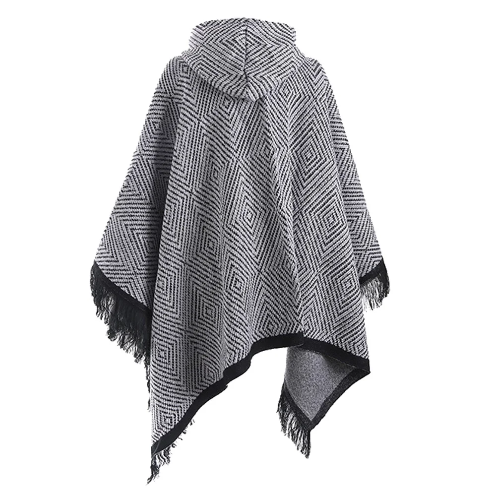 Aztec Hooded Poncho With Tassels Women's Knitted Coat Open Stitch Sweaters Ponchos New 150cm*130cm Dropshipping