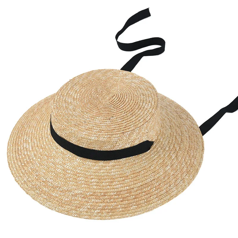 USPOP New French style vintage shallow crown straw hats women straw sun hats long ribbon natural wheat straw beach hat