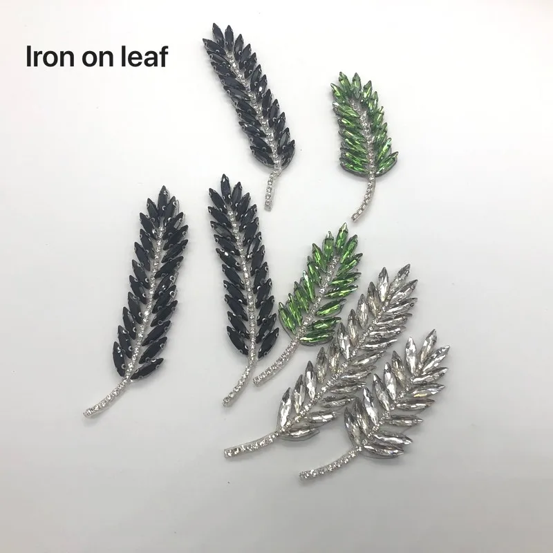 diamond crystal iron on hotfix leaf shape beaded applique patches motif diy for clothing bordados para ropa