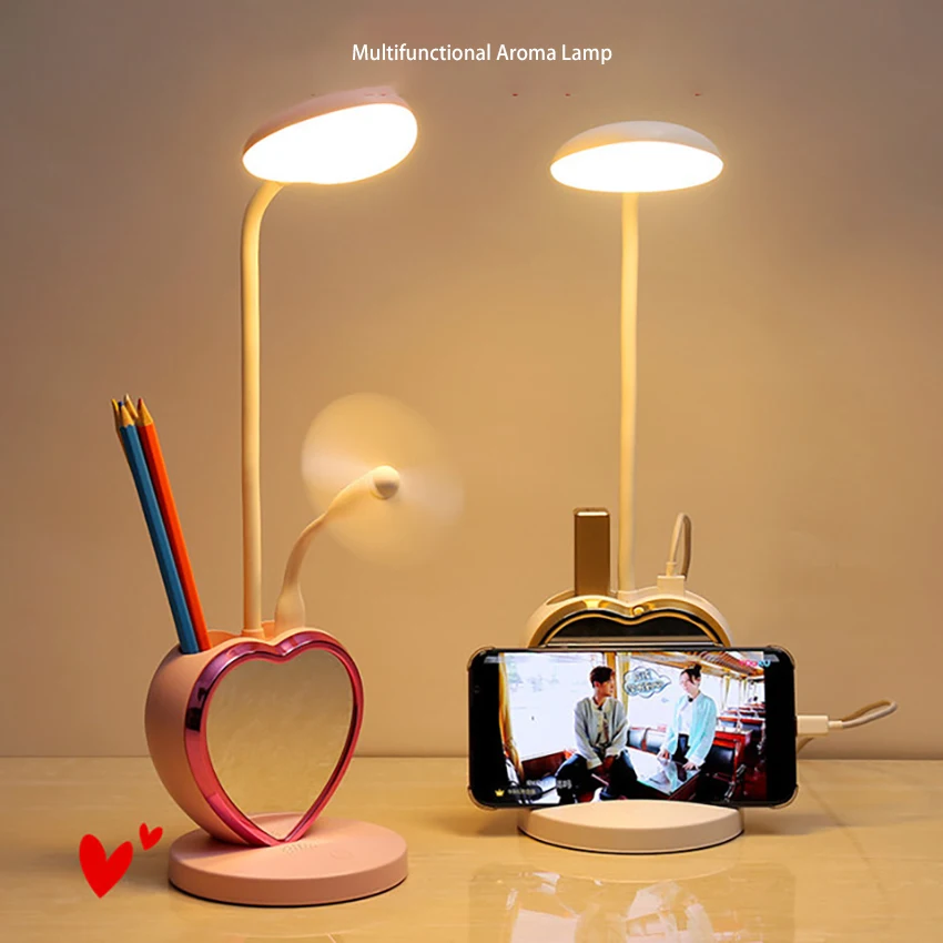 LED Desk Lamp for Girls, Rechargeable LED Desk Lamp with USB Charging Port & Pen Holder, Eye-Caring Dimmable Learning Light