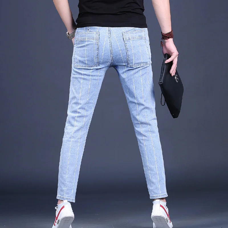 Pantalones vaqueros a rayas para hombre, Jeans ajustados de estilo coreano, ropa de calle informal para verano