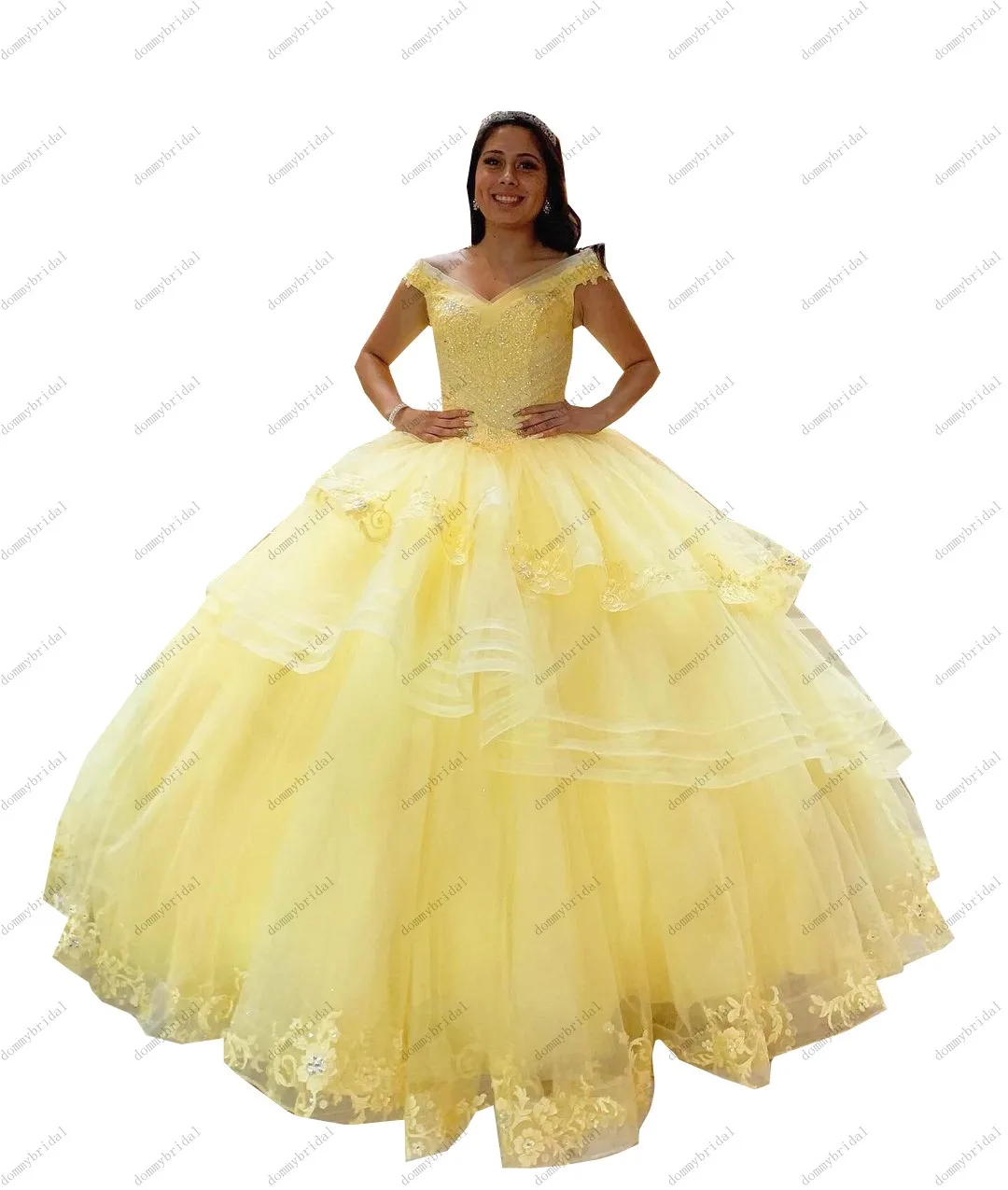 Robes jaunes modernes pour XV 15 ans 2021 Vestidos De 15 Anos robe De bal épaules dénudées Quinceanera robe De bal avec manches dentelle