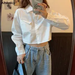 Shirts Women Cropped Tops Slim White Clothing Long Sleeve College Pockets Daily BF Casual Solid Simple Design Stylish All-match