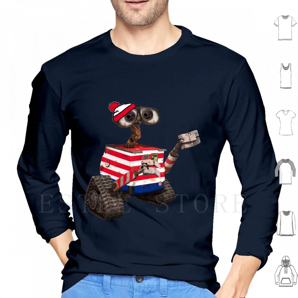 Where's ? Hoodie Long Sleeve Where Wheres Wally Wheres Waldo Waldo Wally Walle Find Pixar Robot 90s 80s Cartoon Hipster