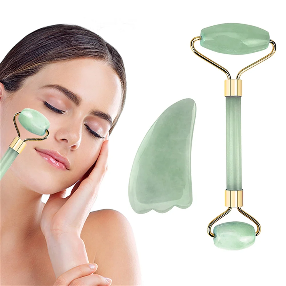 Rodillo de Jade de doble cabezal para masaje Facial, masajeador de piedra de Jade para estiramiento Facial, relajación de la piel, adelgazamiento, belleza, cuidado de la salud