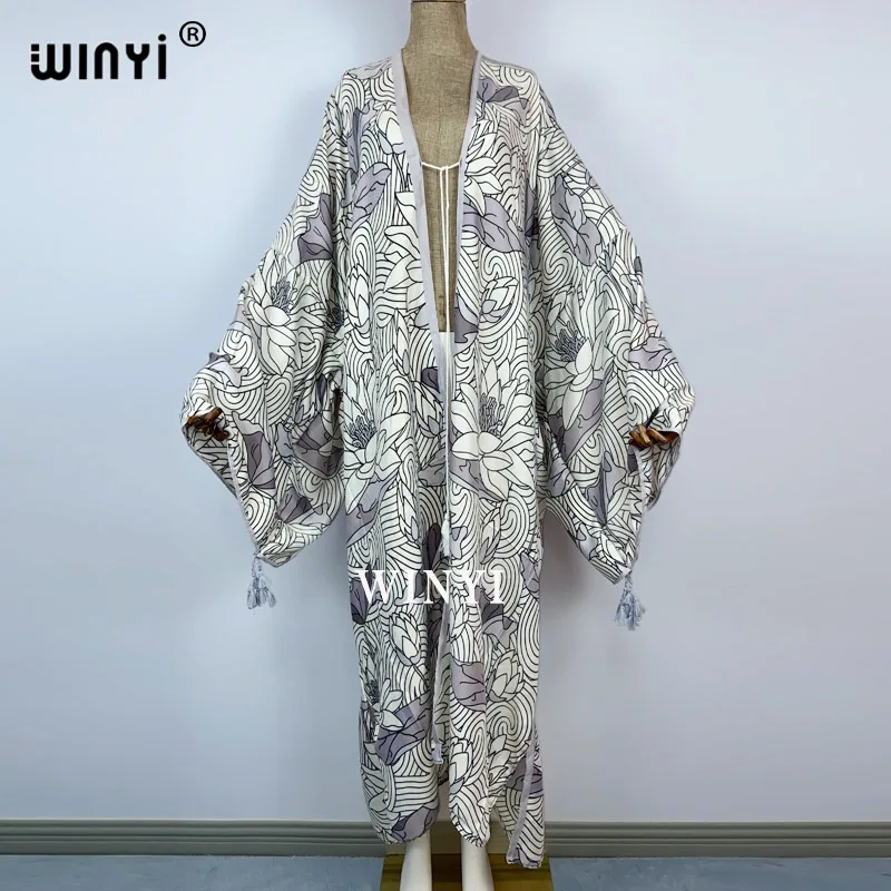 Bikini  cover-up Africa Sweet Lady Pink Boho Print Self Belted Front Open Long Kimono Dress Beach Tunic Women Wrap Dresses