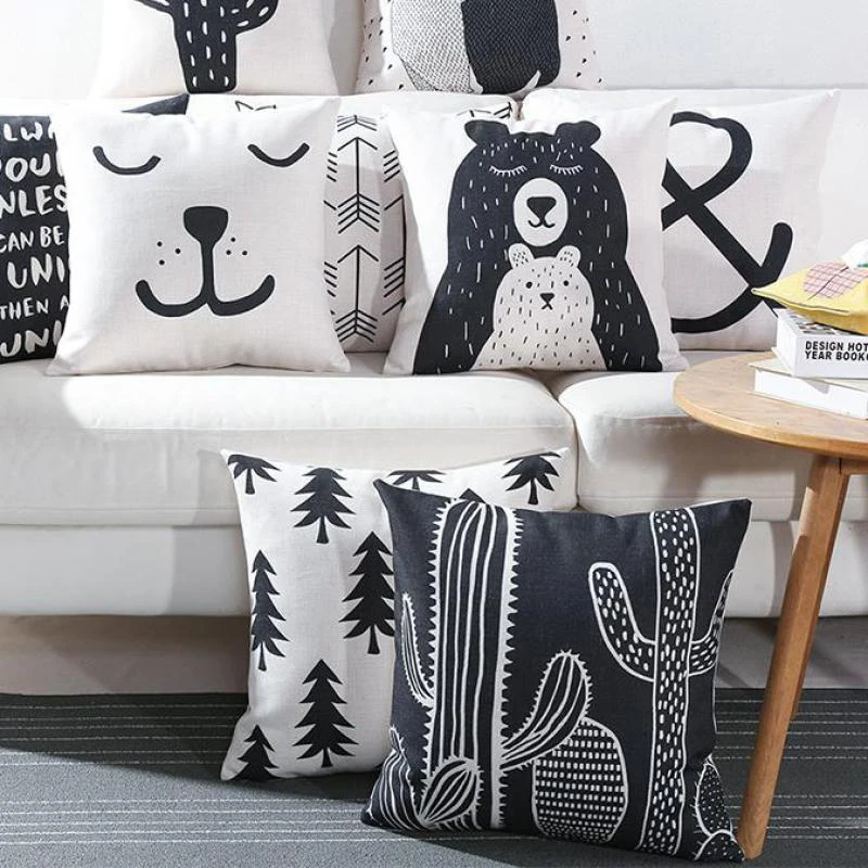 Black and White Cute Bear Cushion Cover Cute Cartoon Animal Cactus Plant Duvet Cover Cushion Home Bedroom Hotel Car Decoration .