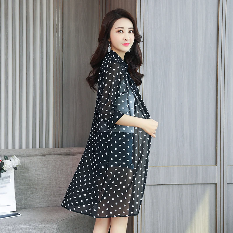 Women Sun Protection Cardigan Summer Super Thin Blouse Female Dots Chiffon Shirts Half Sleeved