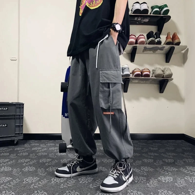 

Punk Streetwear Black Cargo Pants Men Pockets Hip Hop Hombre Gray Casual Wide Leg Trousers Elastic Waist Calça Masculina